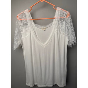 Women's POL White Lace Short Sleeve V-Neck Tee Top Size L